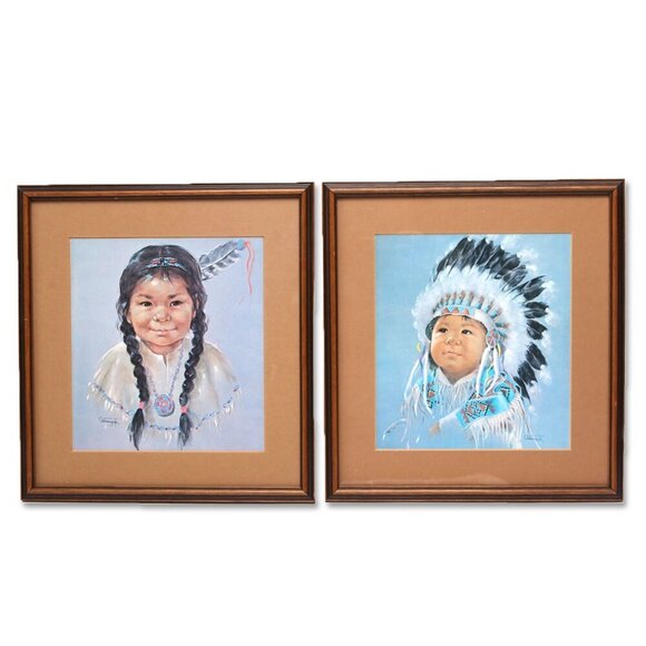Vintage Dorothy Oxborough Framed Prints 1960s Native First Nations Girl Boy Art - Picture 1 of 7